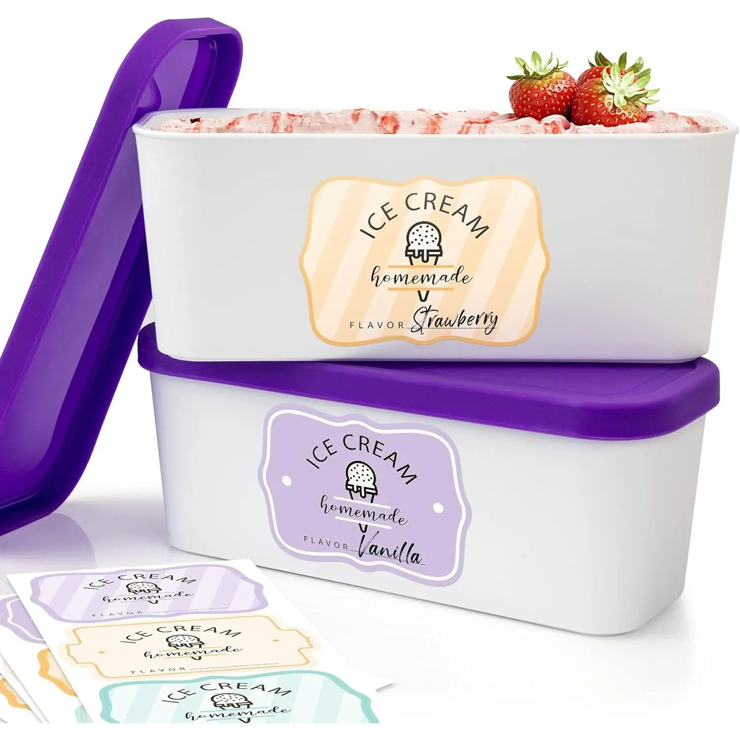 Set of 2 Reusable Ice Cream Tub Containers 1.6 Quart Ea. - Perfect for Homemade Sorbet, Frozen Yogurt Or Gelato - Stackable Storage Containers, Stickers And Lids Stores Easily In Freezer