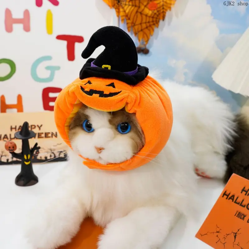 Halloween Pumpkin Witch Hat Pet Headwear, Cute Pumpkin Ghost Face Cat Dog Costume Head Cover
