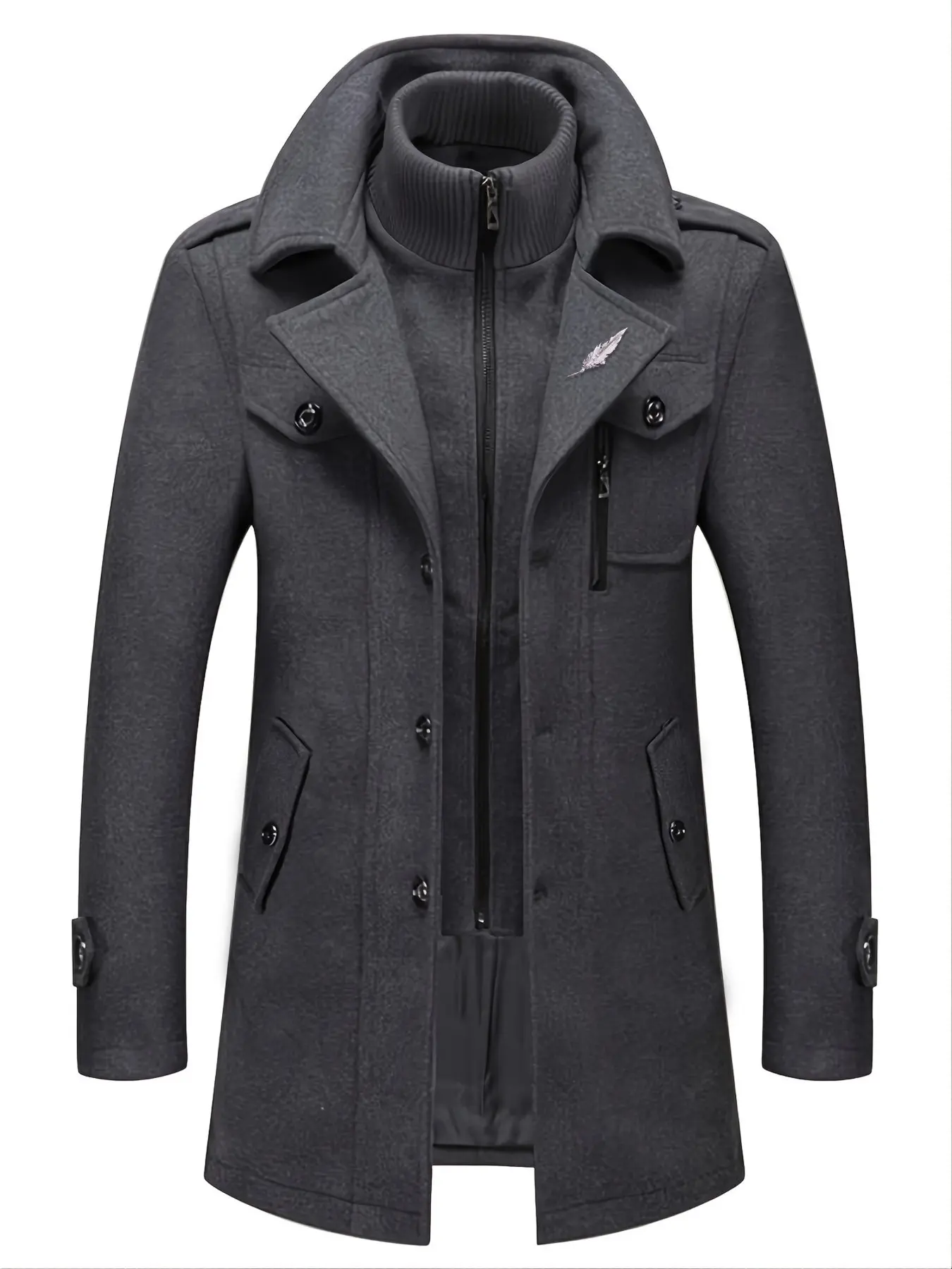 Men's Fashion Double Collar Mixed Fiber Loose Long Coat, Zipper and Pocket Design, Warm and Durable, Suitable for Business or Casual Autumn/Winter