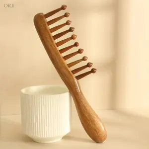 Natural Wooden Wide Tooth Hair Comb, Gentle Scalp Massage Detangling Styling Tool, Anti Static Heatless Hair Care Accessory for All Hair Types Women Men Daily Hair Grooming