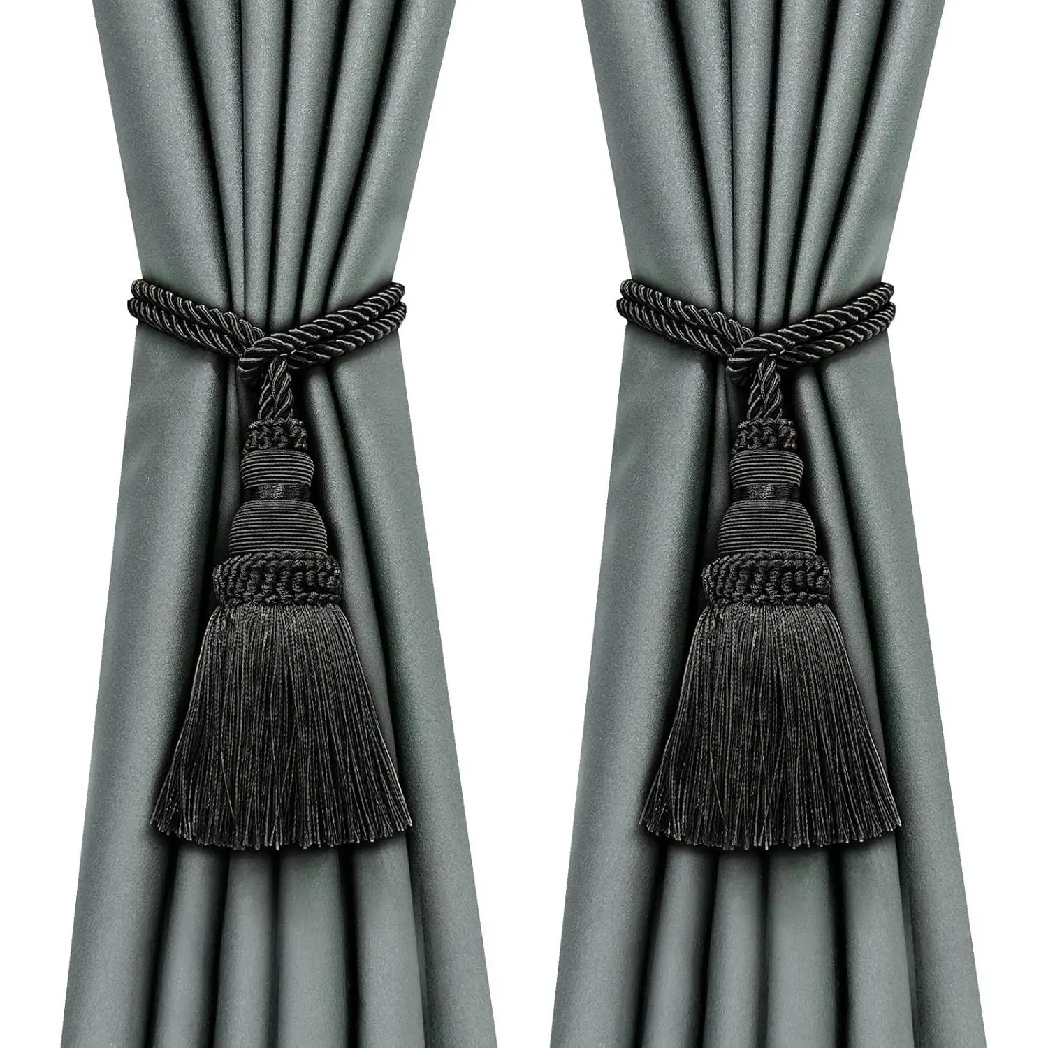 2 Pack Black Handmade Rope Tassel Curtain Tie Backs, Decorative Drape Tiebacks for Home & Outdoor Curtain Decor