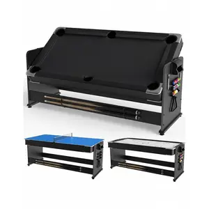 7FT Rotating 3-in-1 Game Table - Convertible Air Hockey, Pool & Table Tennis with Built-in Storage Rack, Easy Flip Top