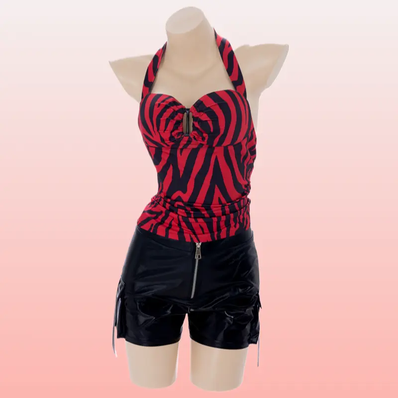 Retro Red Black Zebra Print Halter Waist-Tight Two-Piece Outfit Halloween Performance Costume Inspired by Nikki