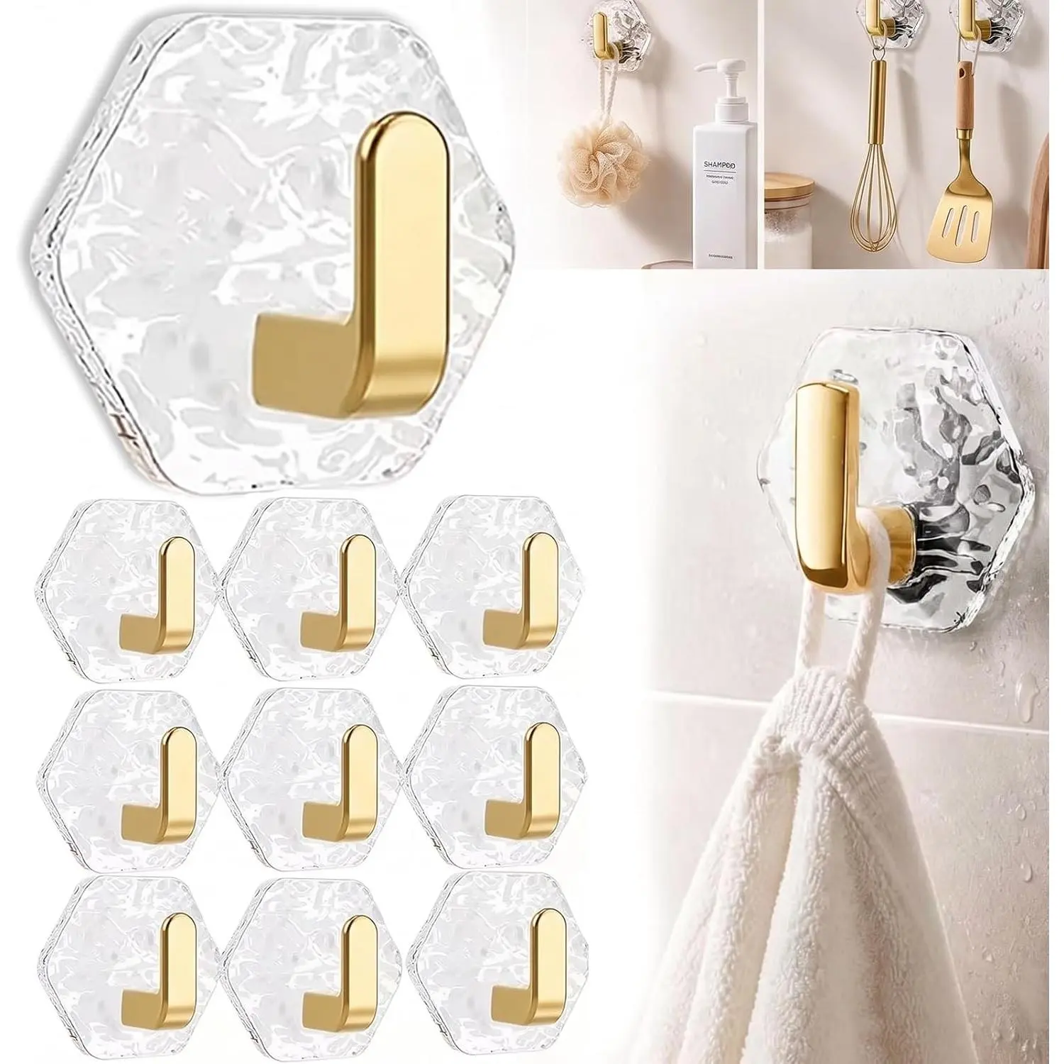 Water Ripple Hexagonal Self Adhesive Hooks (Rose Gold) | Heavy Duty No Drill Sticky Hooks, Waterproof Clear Hooks, Renter Friendly Bathroom & Kitchen Organization