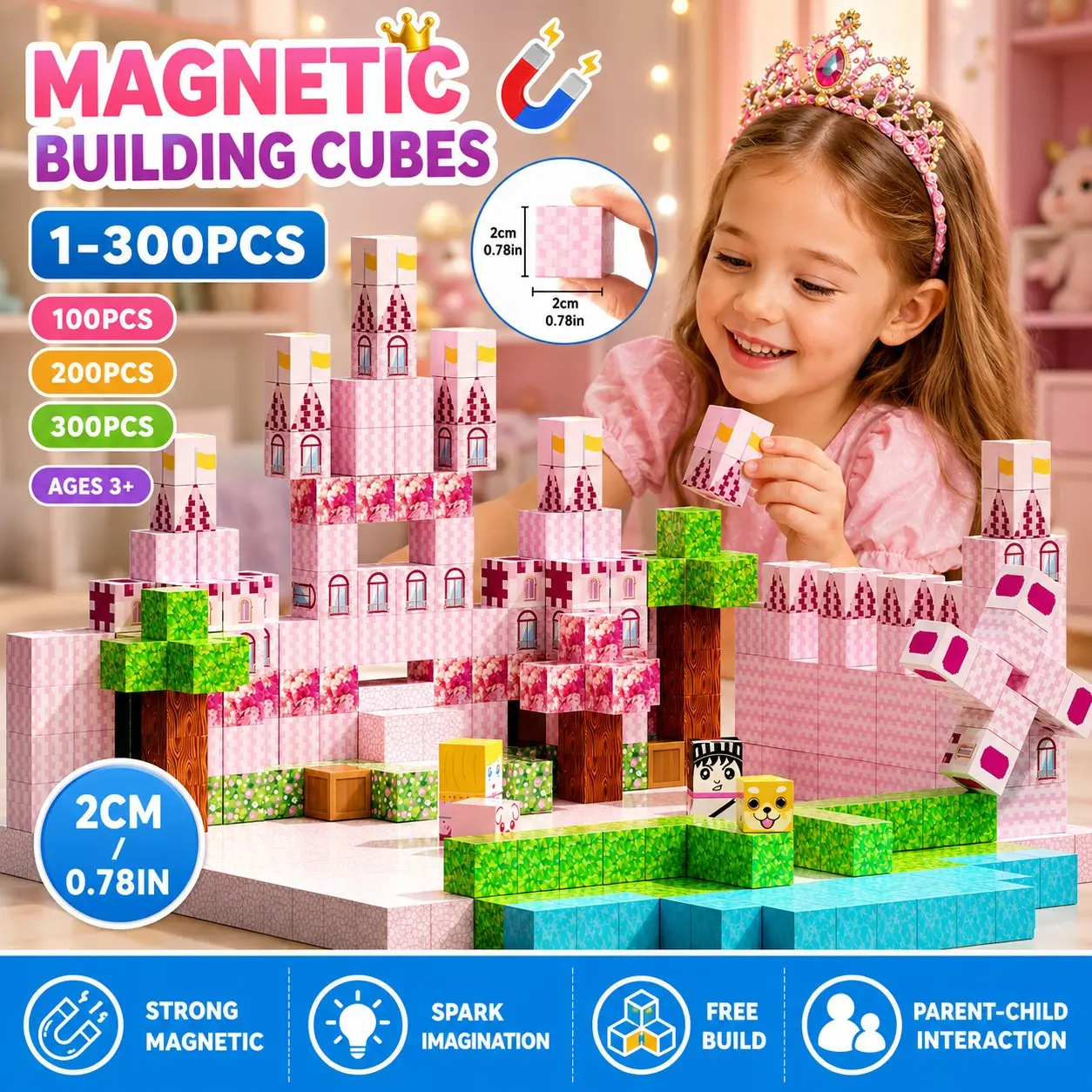 100 Magnetic Building Blocks Toy, Castle DIY Cube Stem Sensory Playset, Perfect Gift for Kids Ages 3-10, Unisex Christmas Birthday Present