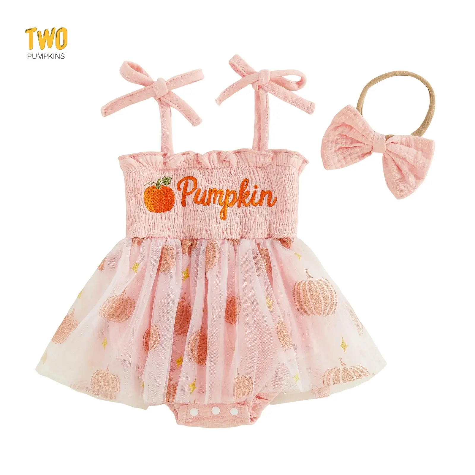 Baby Girl Halloween Outfit Newborn Smocked Romper Dress Spaghetti Straps Tutu Bodysuit Baby Pumpkin Outfits 0-18Months