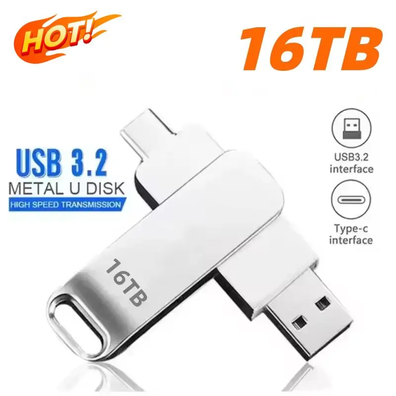 High Speed USB 3.2 Solid State Flash Drive with Metal Body for DIY Projects, 1TB-8TB/16TB Data Storage Pendrive, Waterproof Shockproof, Black/Silver, 10+ Year Service Life