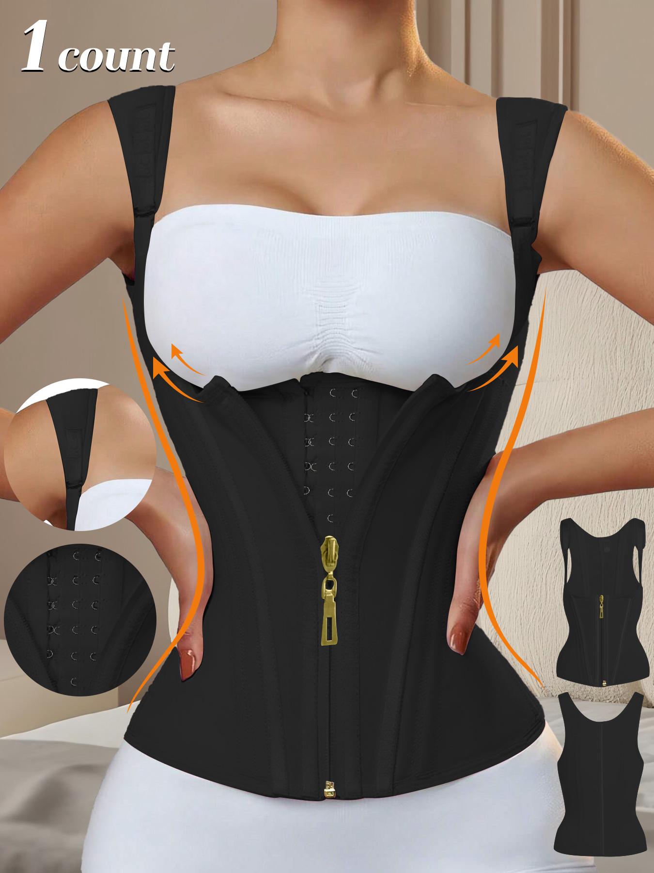 Women's Solid Color Zipper Hooks Waist Trainer Corset, Tummy Control Shapewear Tops, Adjustable Hooks Body Shaper for Women, Firm Tummy Control