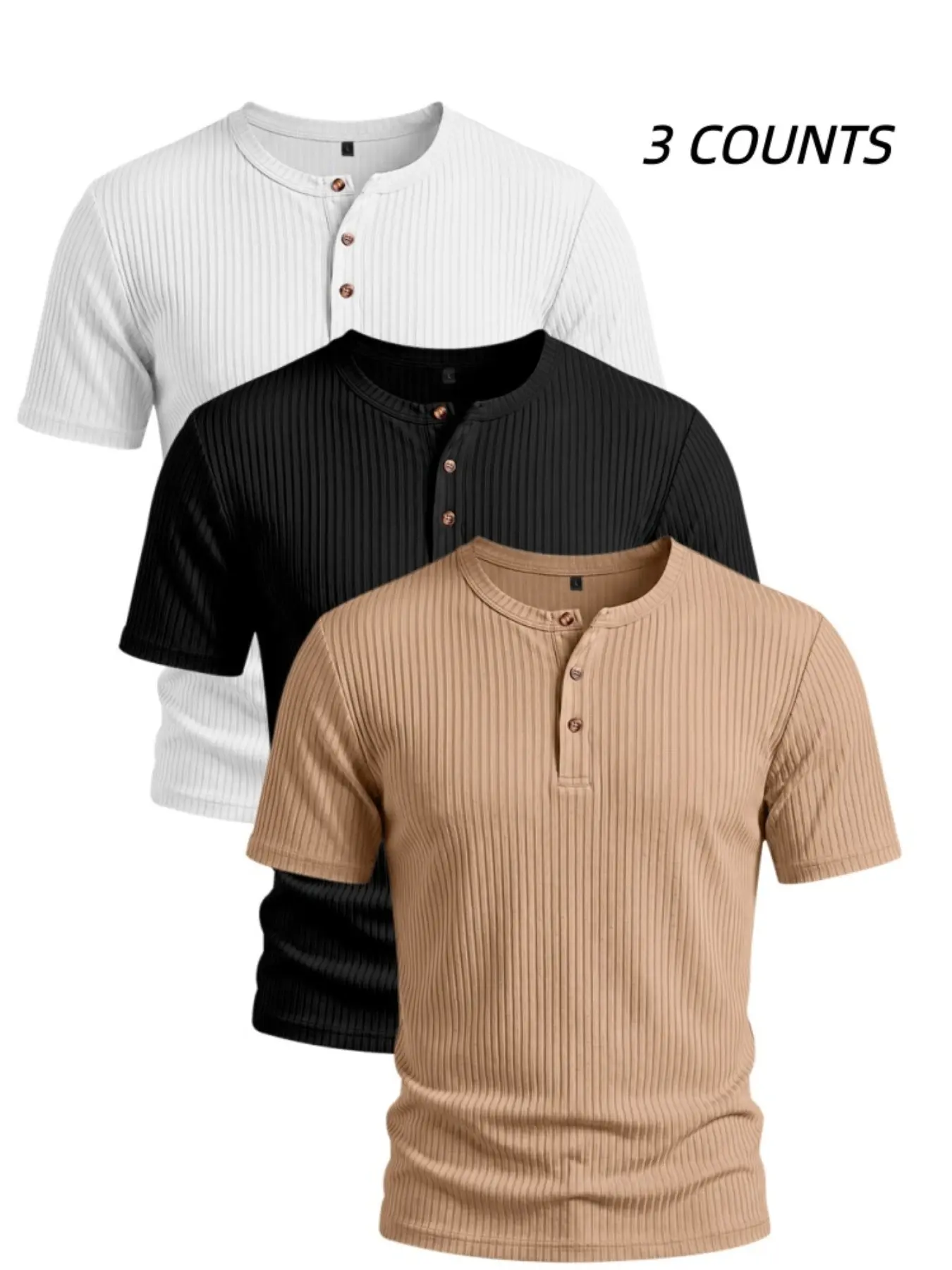 Men's 3-Pack Ribbed Classic Henley T Shirts Menswear, Short Sleeve 3 Button Placket Slim Fit Textured Basic Tees, Lightweight Stretch Casual Tops for Everyday Gym Travel Summer Wear