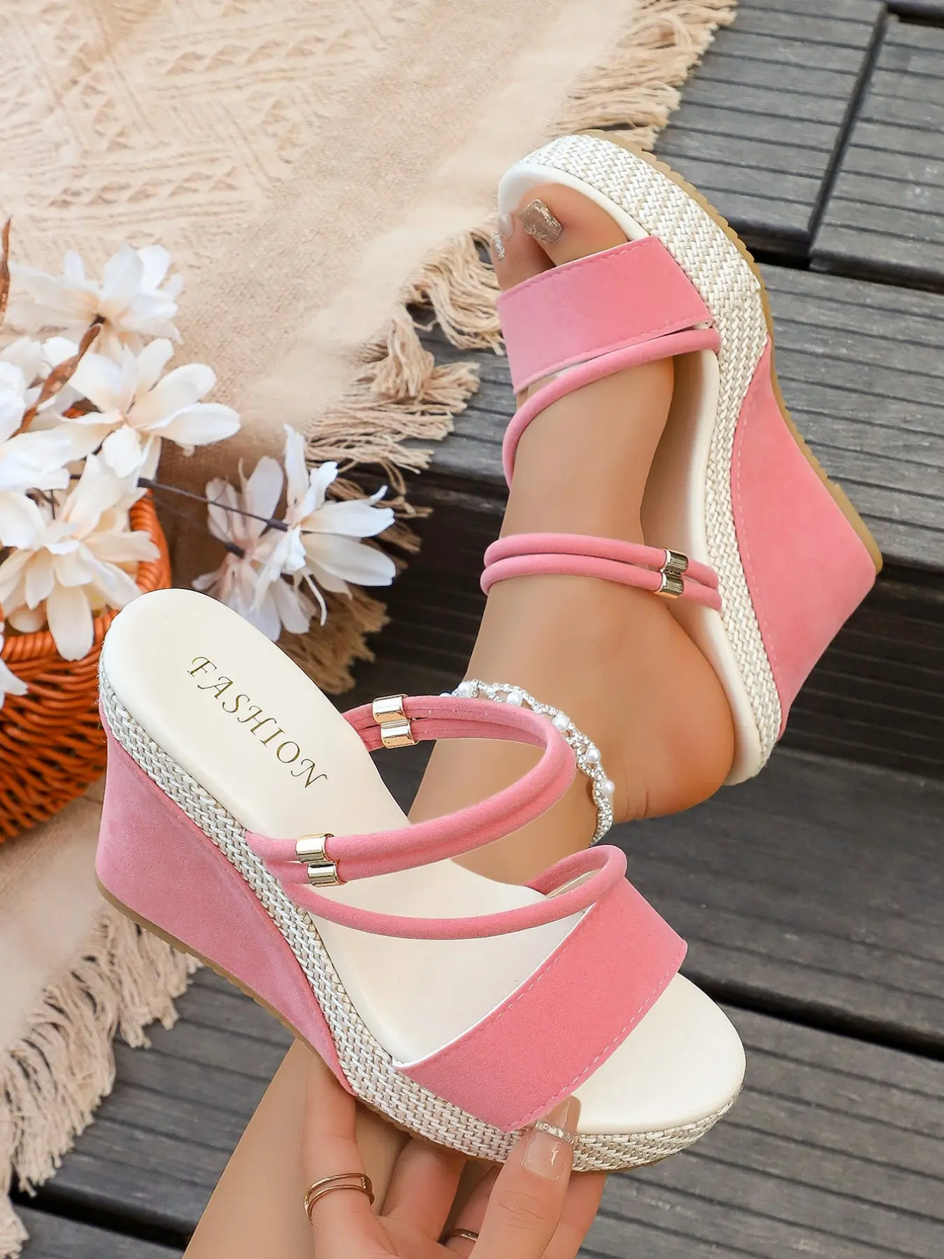 Elegant Wedge Heel Shoes for Women, Textile Upper, Rubber Sole, Breathable Synthetic Leather, Four-Season Wear, Unique Square Toe Design