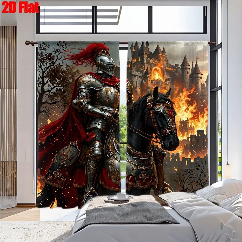 2D Flat 2Pcs Knight and Horse Cavalry Castle Fire Pattern Curtain with Red Cloak Armor Black, Medieval Fantasy Theme, Dramatic Scene, High Definition Printing, Decorative Curtains for Home Living Room Bedroom Study Window Decoration