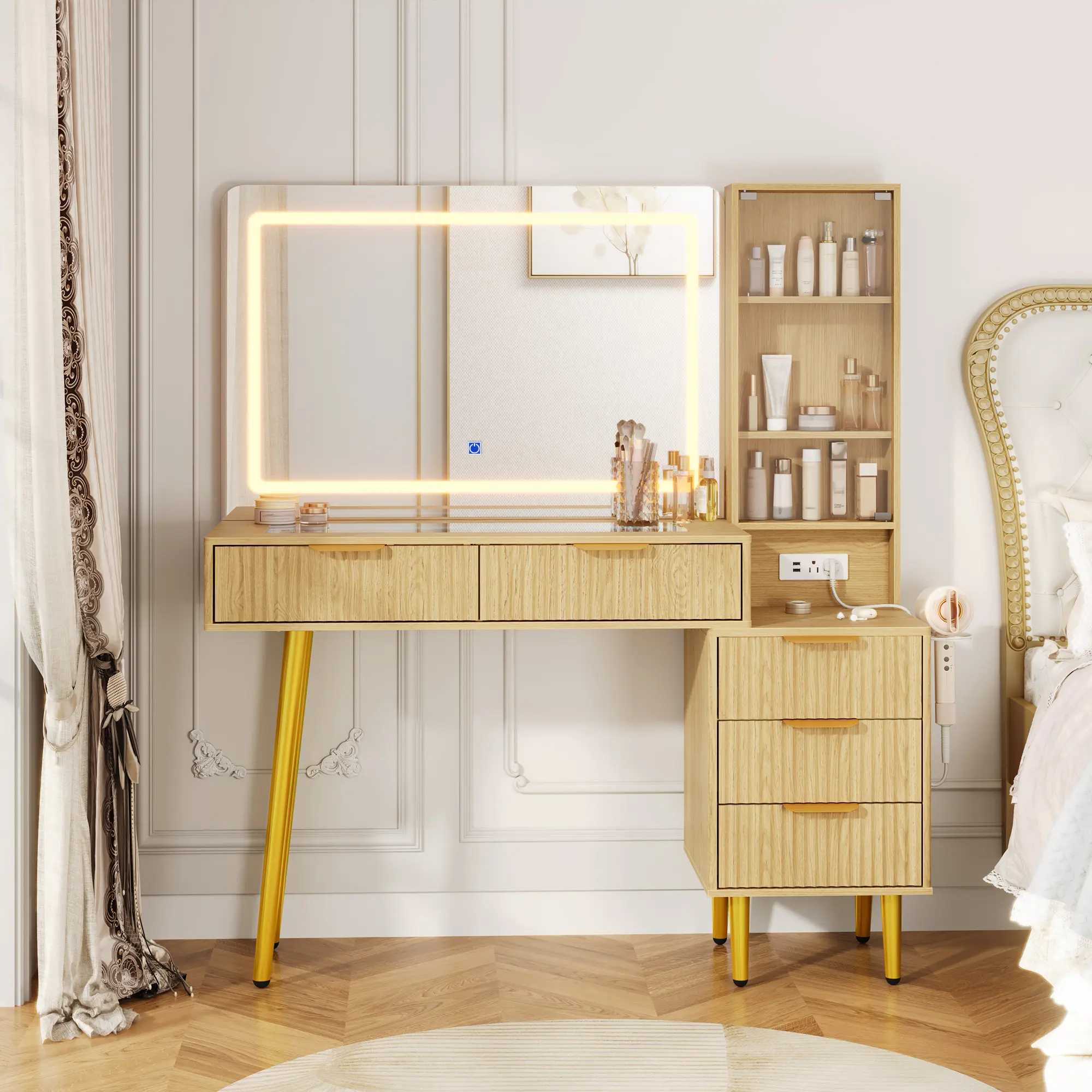 Modern Fluted Vanity Desk with Large Glass Top & HD Lighted Mirror, 5 Drawers & 3-Tier Shelves with Charging Station, Spacious Makeup Dressing Table for Bedroom, Makeup Vanity, Dresser Organization