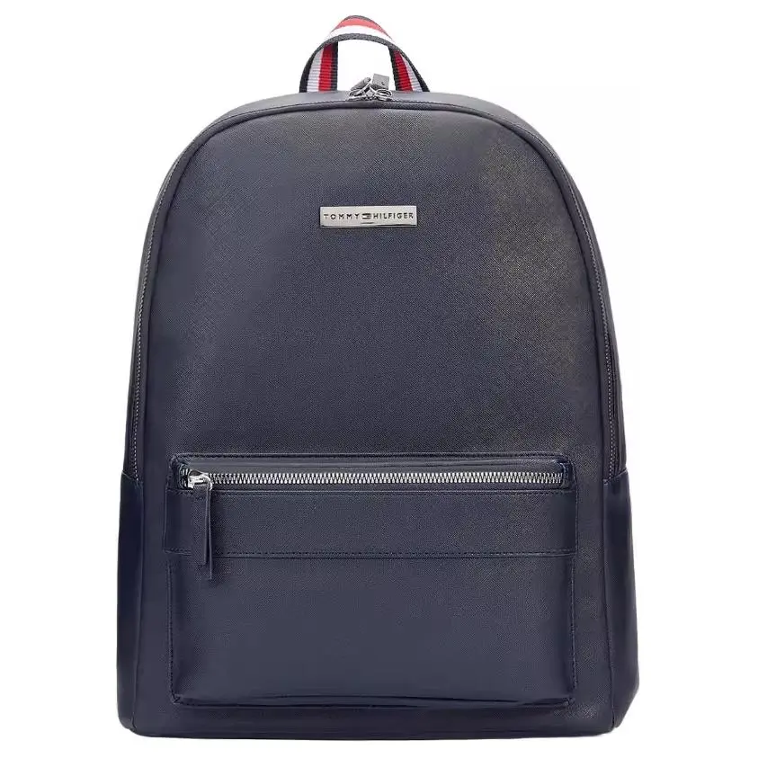 Tommy Hilfiger Leather-Effect Backpack for Men – Minimalist Logo Print, Zip Closure, Navy Blue