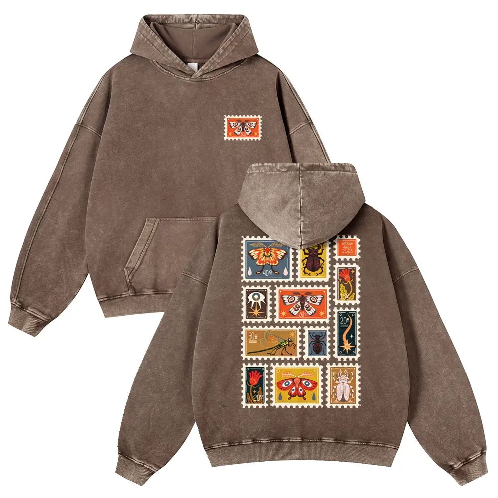 Unisex Insect Stamps Print Washed Hoodie, Bug Lovers, Y2k Bug Inspired Hoodie, Gift For Her