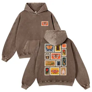 Vintage Insect Stamp Print Washed Brown Hoodie 380g Autumn VIntage Washed Hoodie Graphic Sweatshirt