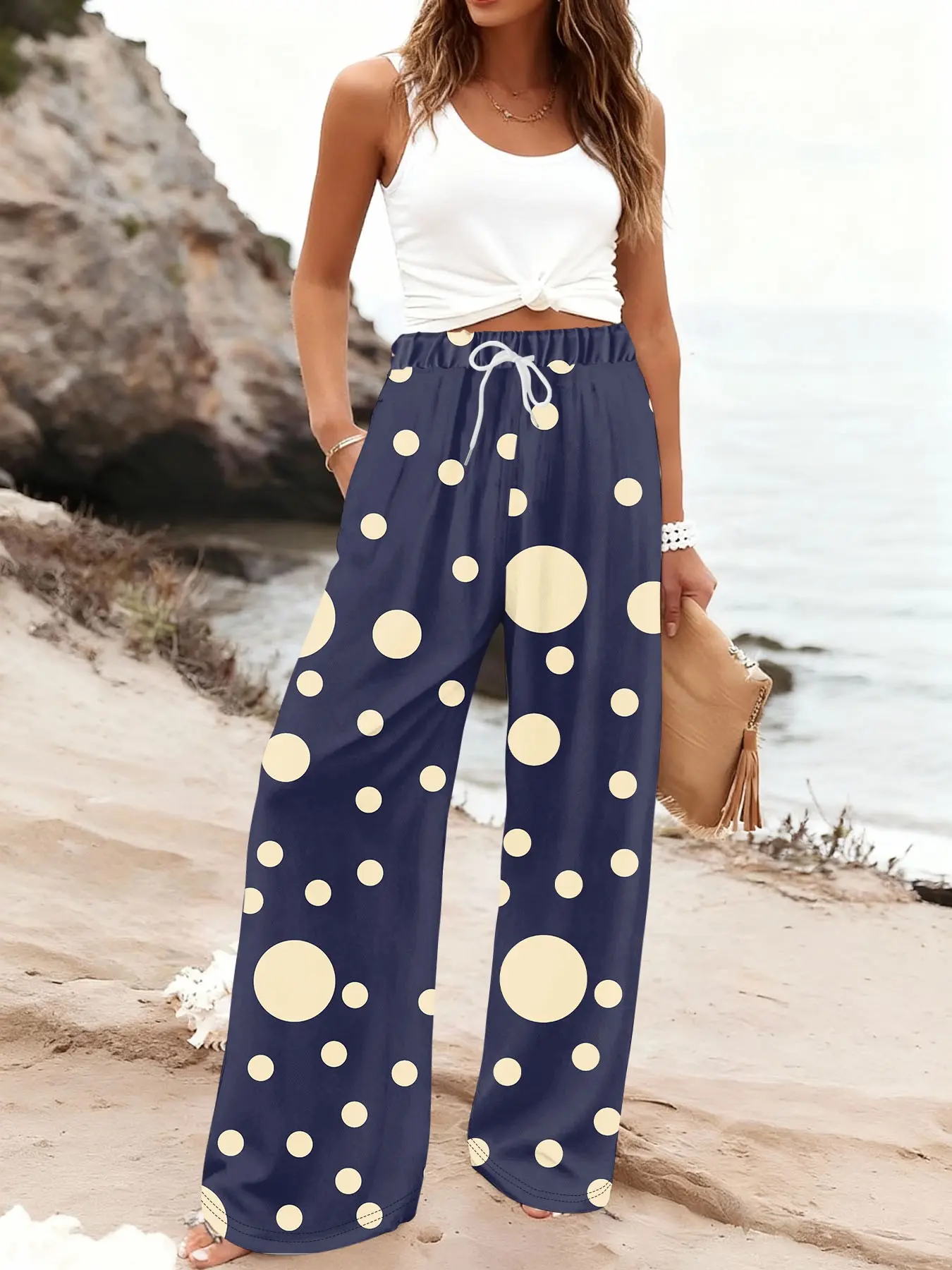 Women's Polka Dot Print Loose Long Pants, Drawstring High Waist Wide Leg Pants with Slant Pockets, Casual Daily Wear Home Pants
