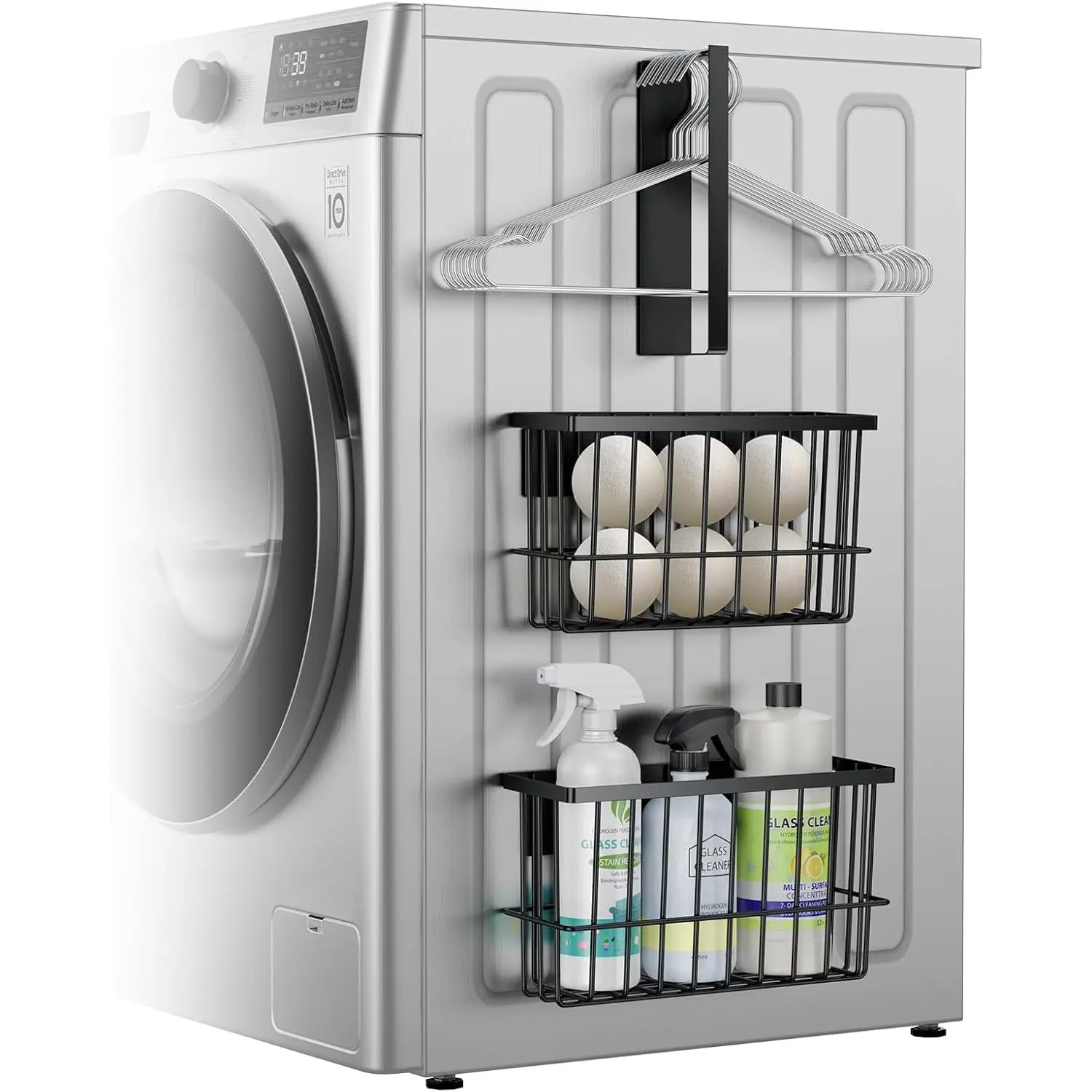 Magnetic Dryer Ball Holder with Magnetic Hanger Holder, Magnetic Lint Bin for Washer Dryer, Iron Basket, Magnetic Laundry Organizer (Black)