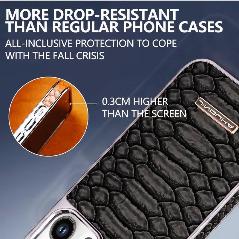 Snake Skin Pattern Phone Case, Electroplated Frame Slim Premium Faux Leather Cover, Shockproof Full Protective Case for iPhone 16/15 Pro Max