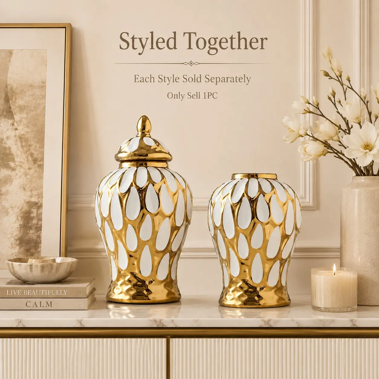 Luxury Ceramic Decorative Jar with Gold Finish, Elegant White Gold Ginger Jar Accent Piece, Modern Home Decor Ornament for Living Room Tabletop Shelf Mantel Decoration