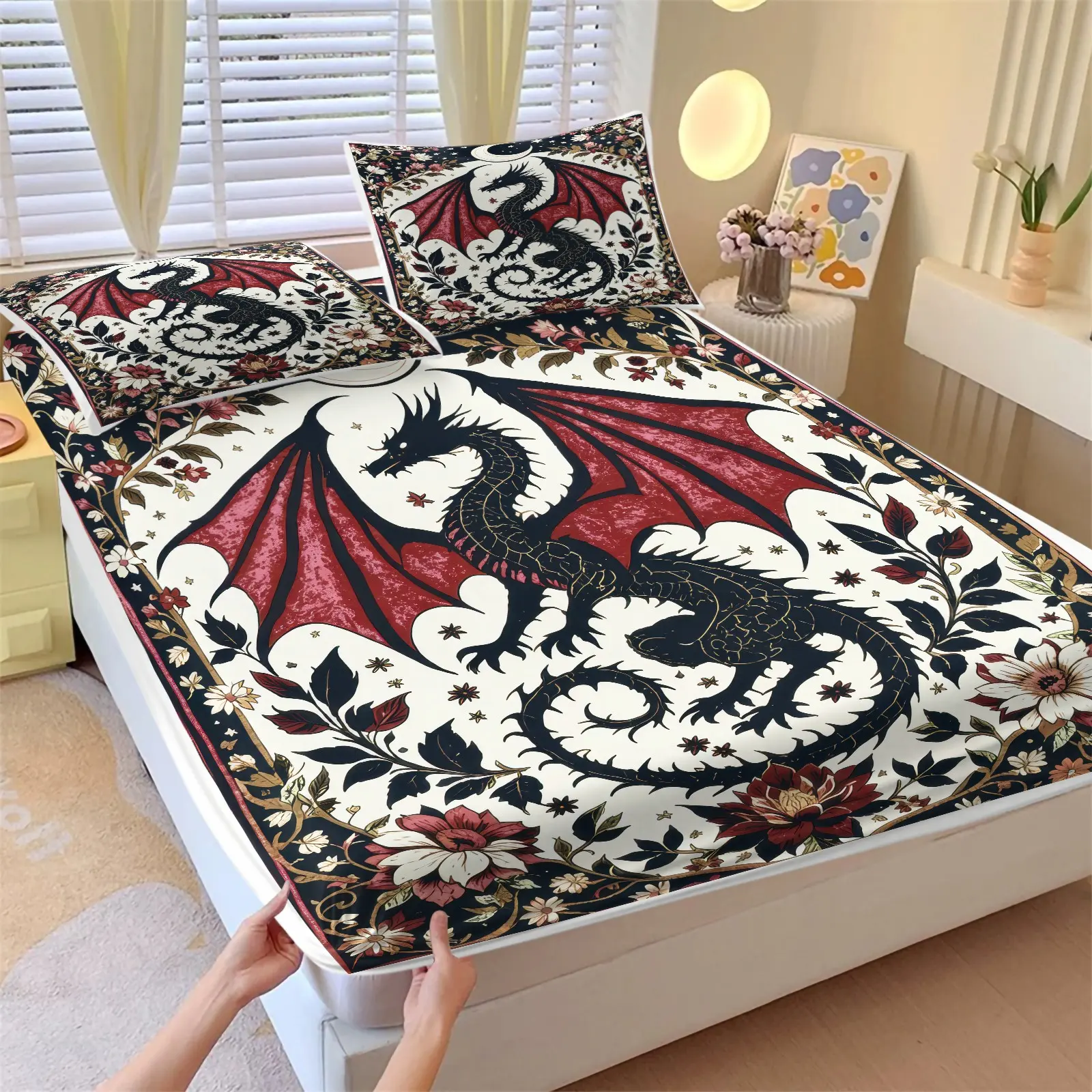 3PCS Black Red Wing Dragon Vintage Floral Border Fitted Sheet Set (1 Fitted Sheet + 2 Pillowcases), Soft Wrinkle Resistant Breathable Skin-Friendly Fabric, Deep Pocket Anti-Slip Full Wrap Design, Dark Fantasy Medieval Bedding For Bedroom & Dorm