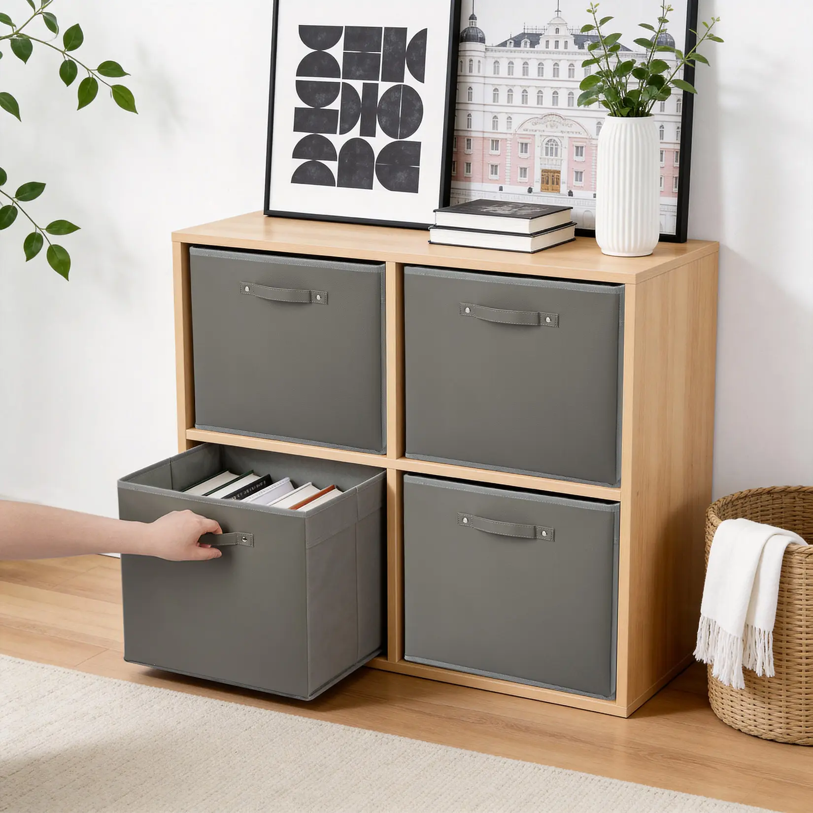 13x13x13" Cube Shape Collapsible Fabric Storage Bins with Faux Leather Handles - Open Top Organizer Boxes for Shelves, Clothes/Toys, Room Decor