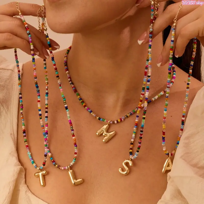 [WER21]Colorful Letter Chocker for Women & Girls Bubble Initial Letter Chocker Handmade Beaded Necklace Dainty Beach Personalized Chocker for lover's gifts. Adjustable Choker