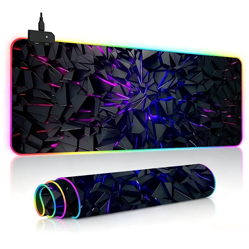 Abstract Geometric Shards Extra Large Gaming Desk Mat Keyboard Pad RGB Mouse Pad Ultra-Thick Non-Slip Large Size RGB Gaming Desk Setup for PC/Laptop - 14 Lighting Modes Touch Control Keyboard and