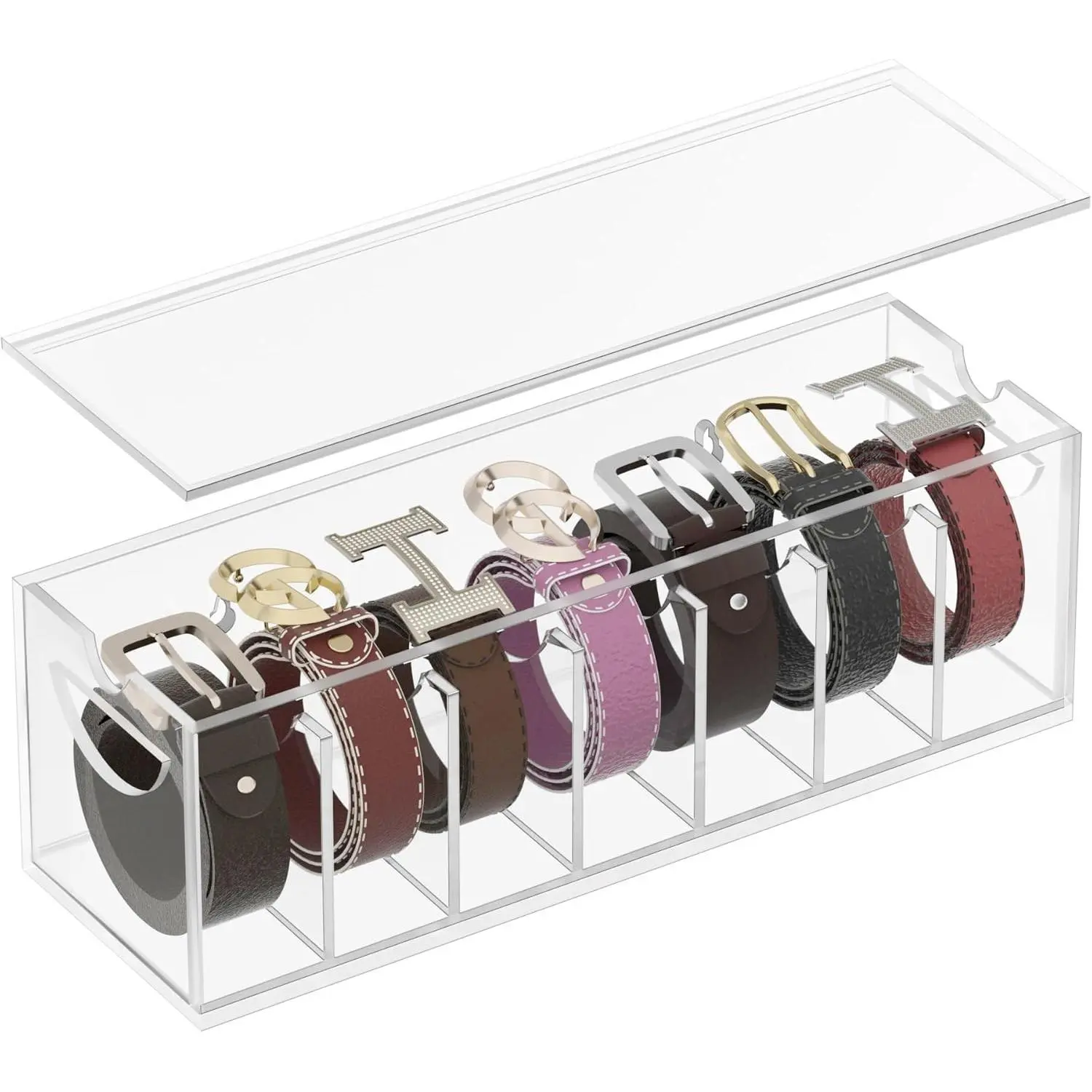 Acrylic Belt Organizer with Dust Cover – Clear Belt Storage Box for Closet or Drawer, Belt and Tie Display Holder Case with 7 Compartments for Men and Women