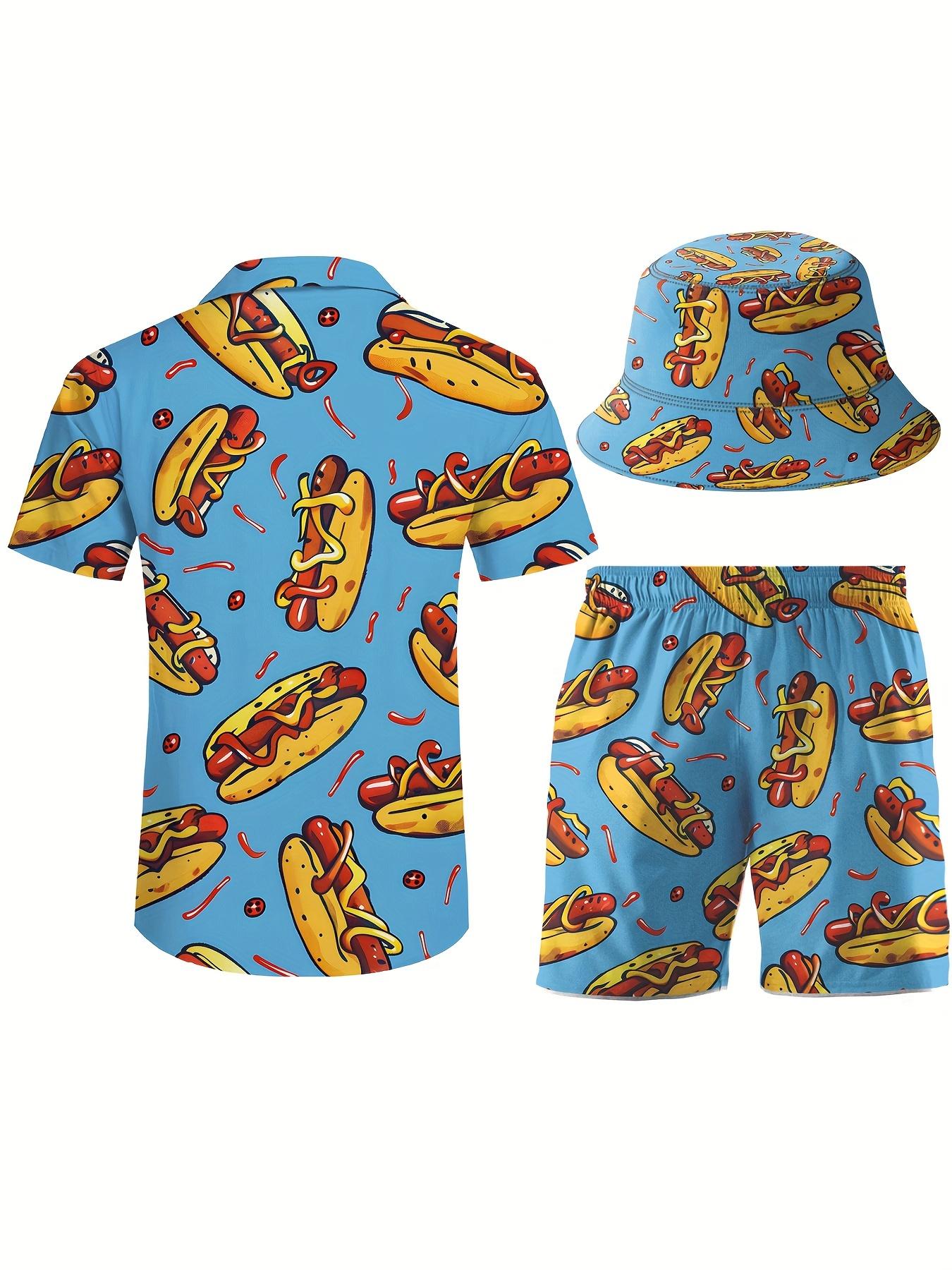 Men'S Three-Piece Vintage Beach, Featuring Hot Dogs And Ketchup Themed Activewear, Hawaiian Style Sports Outfit, Including a Shirt, Beach Shorts, And a Bucket Hat