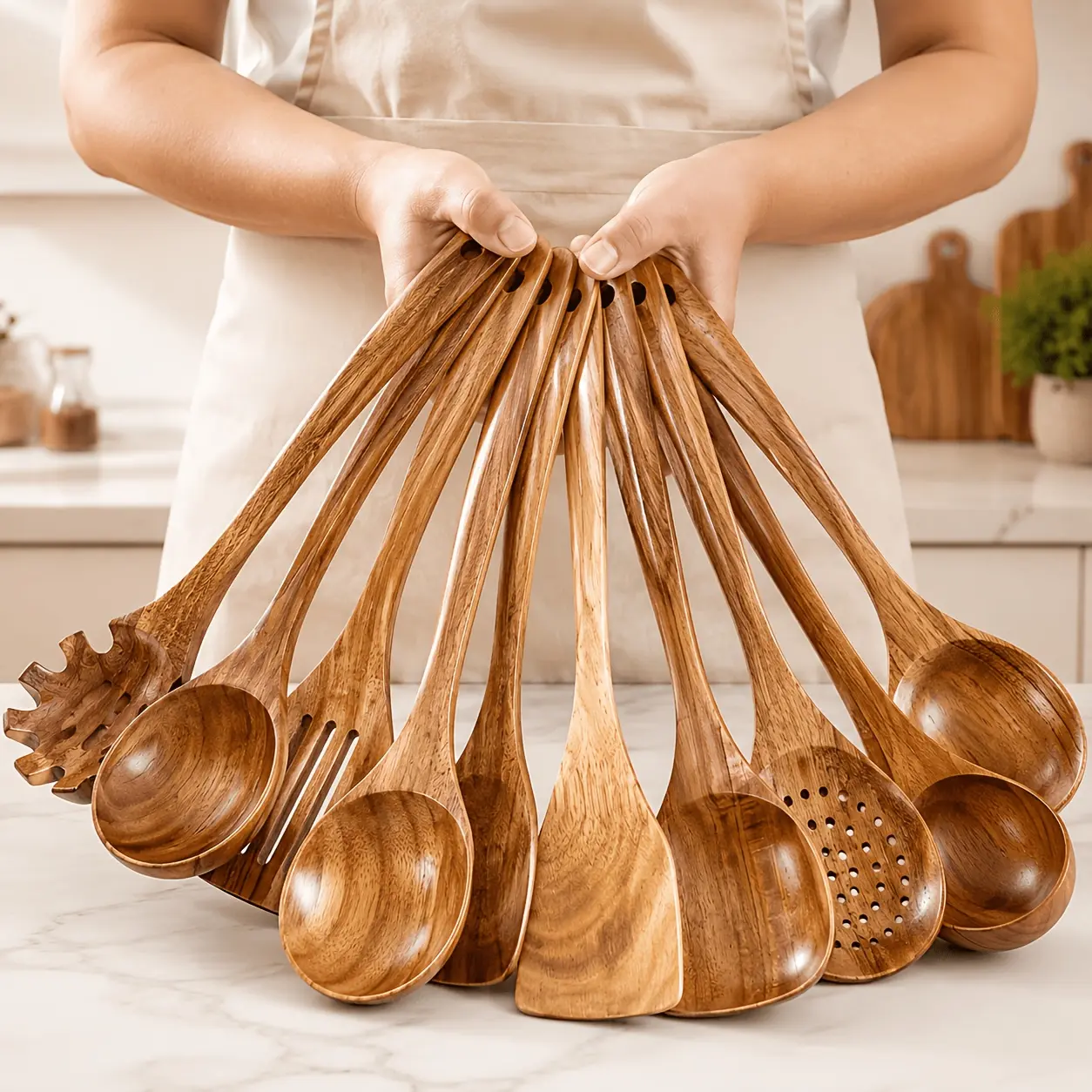 3/10-piece wooden kitchen spatula set, easy to clean, non-stick and safe for cookware, won't scratch pots and pans, heat-resistant, premium birch wood kitchen set with ergonomic handles, includes wooden spoons, ladles, and serving spoons-durable