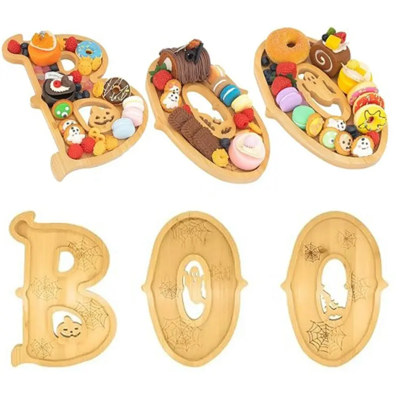 3 Piece Wooden Halloween Serving Tray Set, Boo Letter Design, Perfect for Halloween Party Table Decor and Food Trays