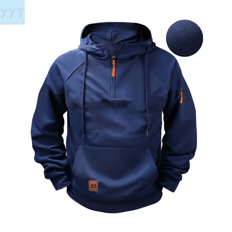 YYT1 Men's Solid Color Hooded Long Sleeve Zip-Up Hoodie with 1/4-Zip Collar, Kangaroo Pocket & Ribbed Cuffs - Casual Sportswear Autumn Winter Outdoor Activities, Hoodie, Sleek Texture