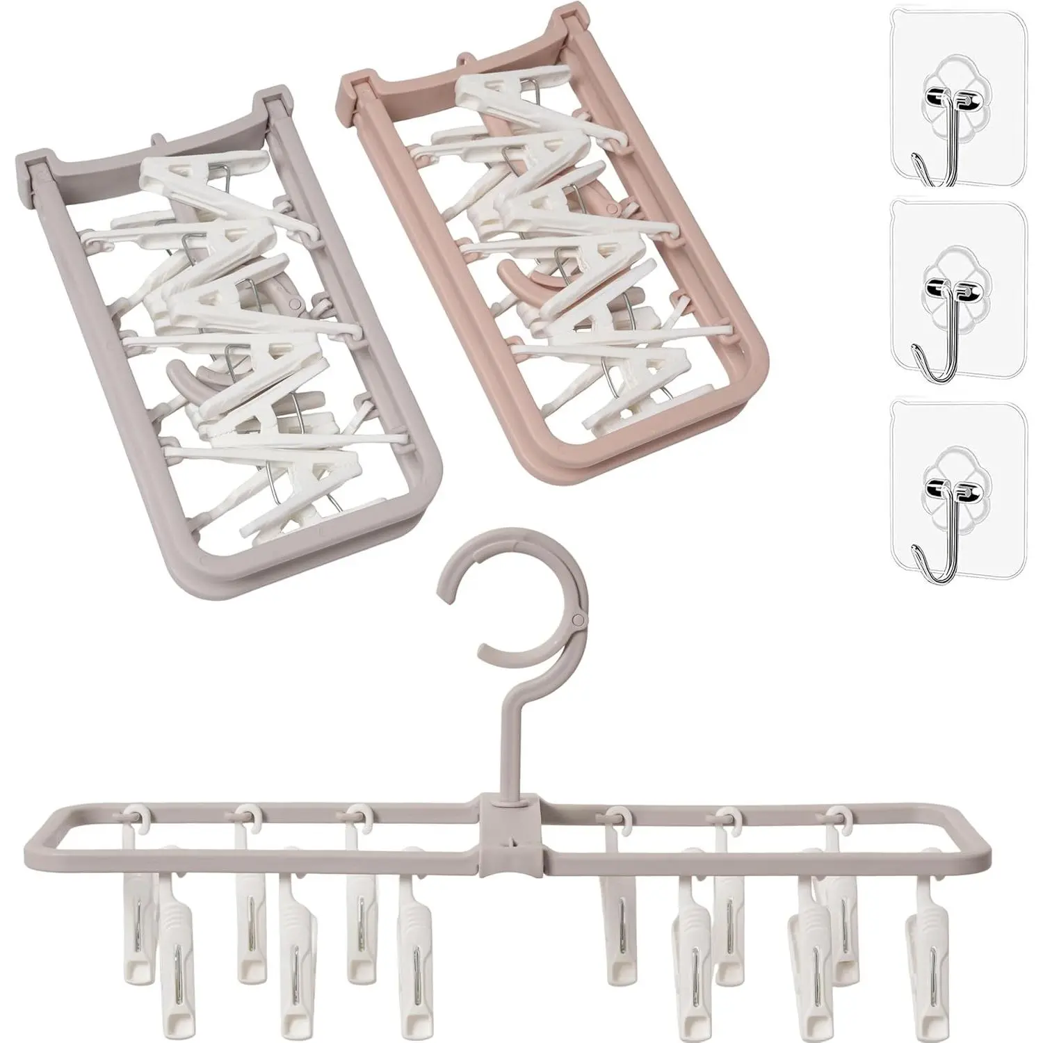 2-Pack Small Folding Laundry Racks with 12 Plastic Clips, 360° Rotating Hook, 3 Traceless Hooks – Portable for Underwear, Socks, Baby Clothes, Folding Rack, Underwear Hanger