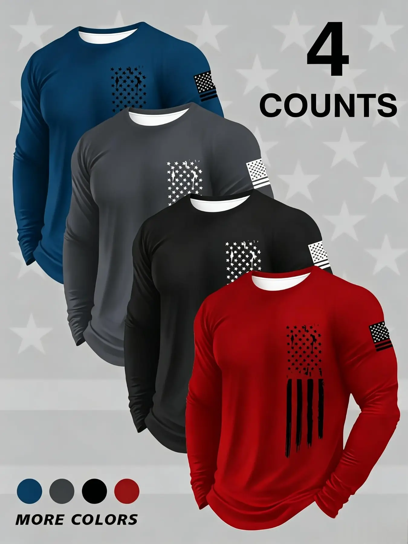 4pcs 4-Pack Men's Round Neck Long Sleeve T-Shirts, Vintage American Flag Print, Casual Sporty Pullover, Multi-Color Outdoor Tops
