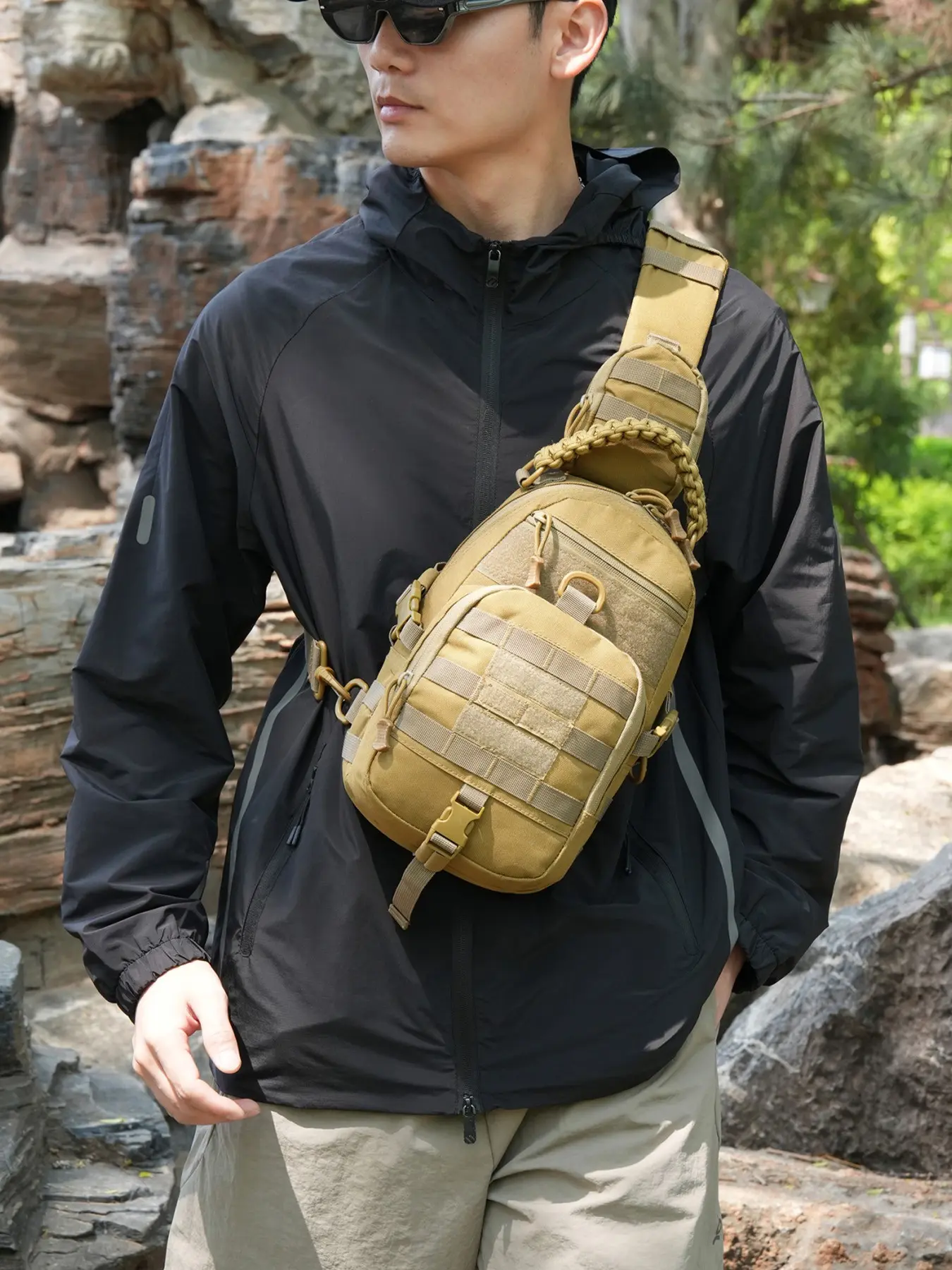 1pc Camo Tactical Vertical Shoulder Sling Bag American Hardcore Utility Versatile Style Braided Handle Velcro Partition Portable Chest Pack Go Bag For Men Outdoor Commute Walking