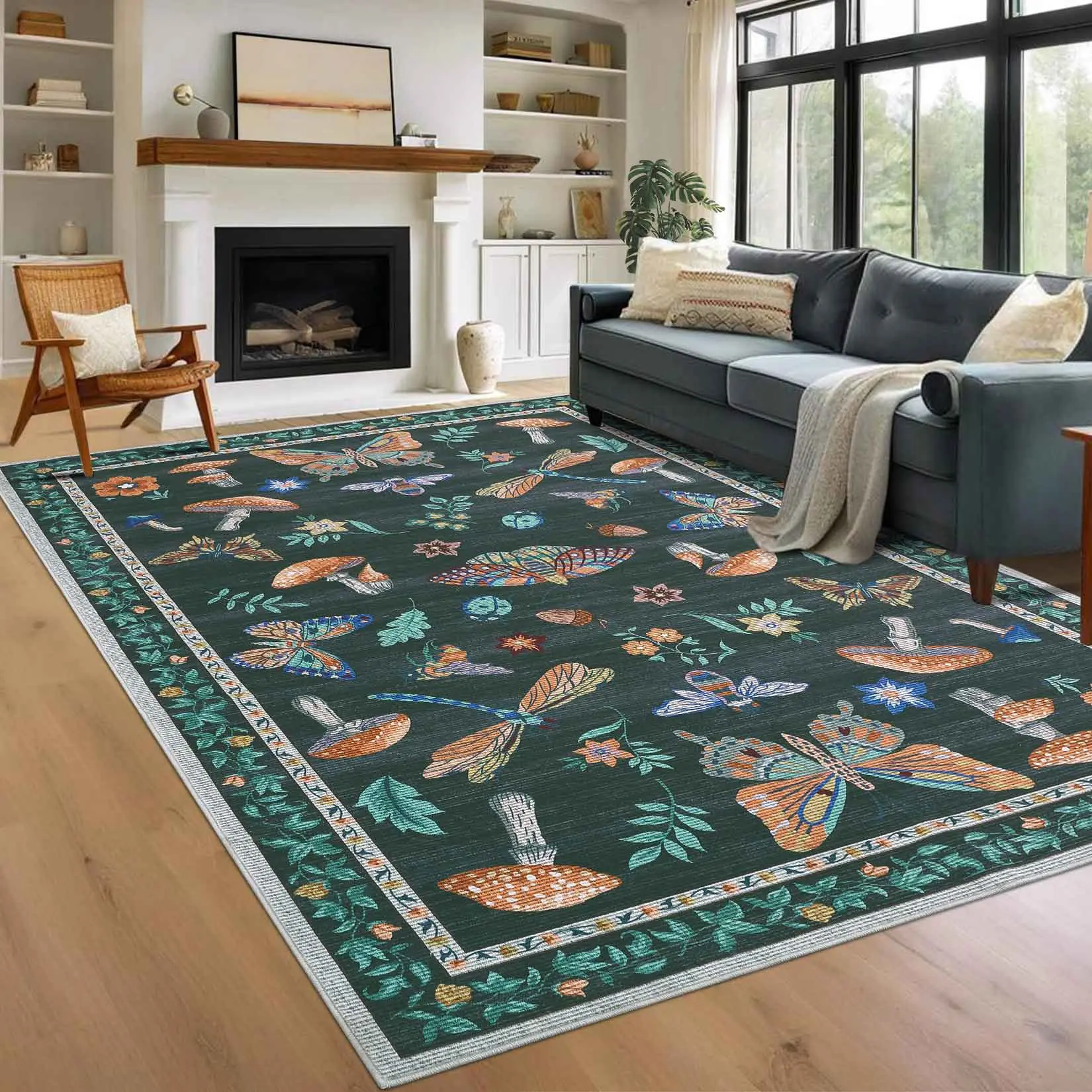Whimsical Cottagecore Forest Butterfly Mushroom Floral Area Rug, Thin Low Pile Non Slip Machine Washable Soft Durable Pet Friendly Indoor Mat, Boho Cottage Whimsical Decor for Living Room Bedroom Kitchen Office Apartment Hallway Dining Room