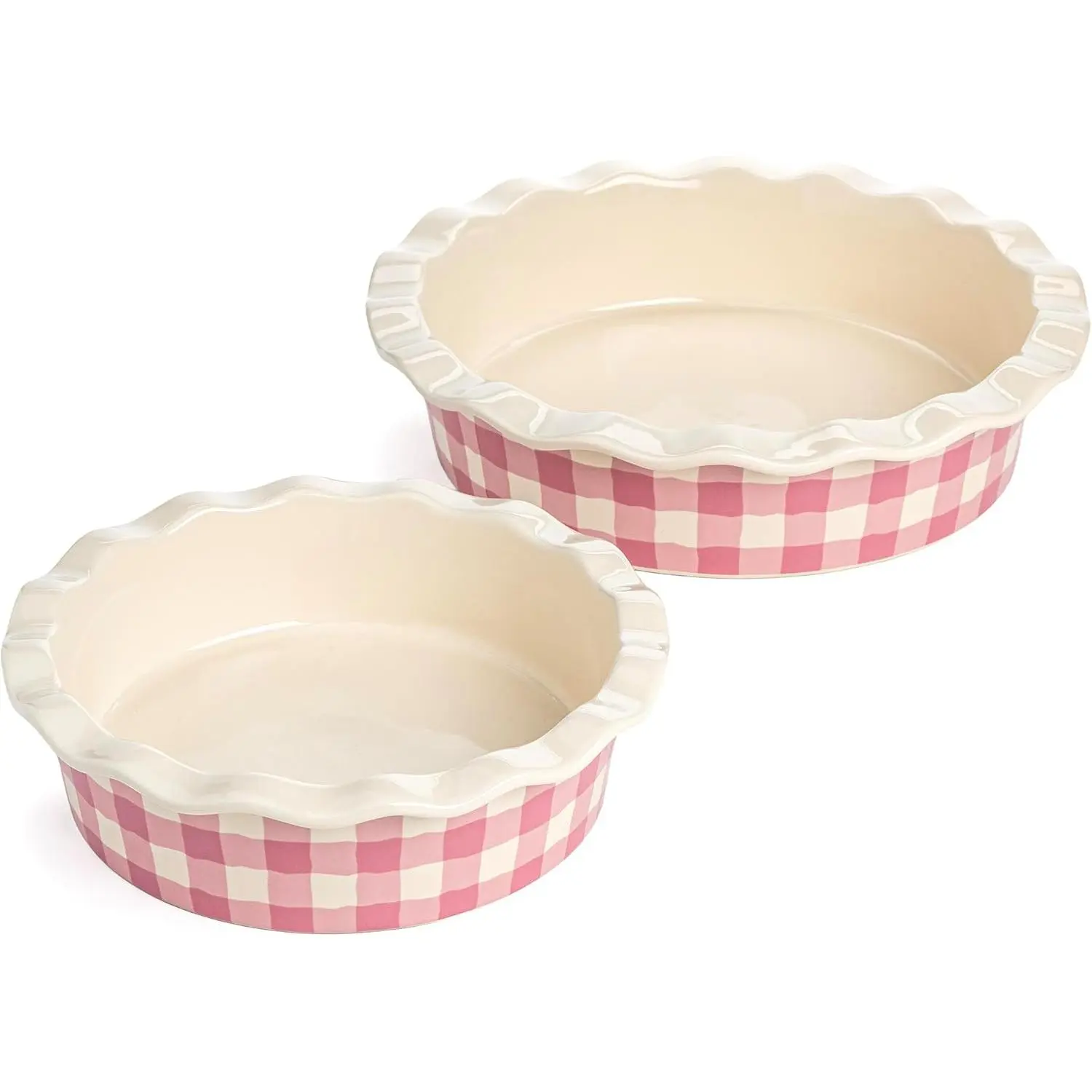 Ceramic Pie Dish Set, 7-Inch and 9-Inch Stoneware Baking Dishes with Fluted Rim and Gingham Design, Oven Safe up to 450°F, 2-Piece, Pink