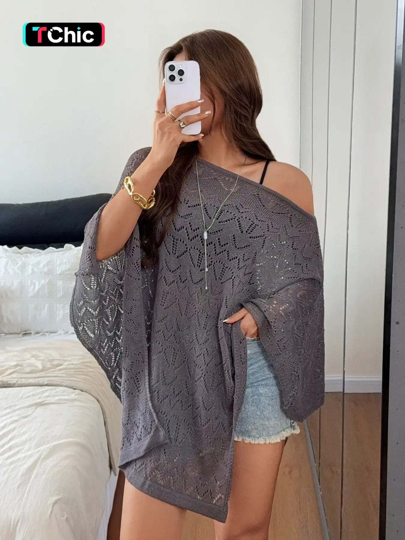 Women's Knit Cape Sweater, Long Hollow Out Design, Three-Quarter Sleeve, Boho Bohemian Semi-Transparent Loose Top, Bohemian Cover Up, Suitable for Summer and Autumn