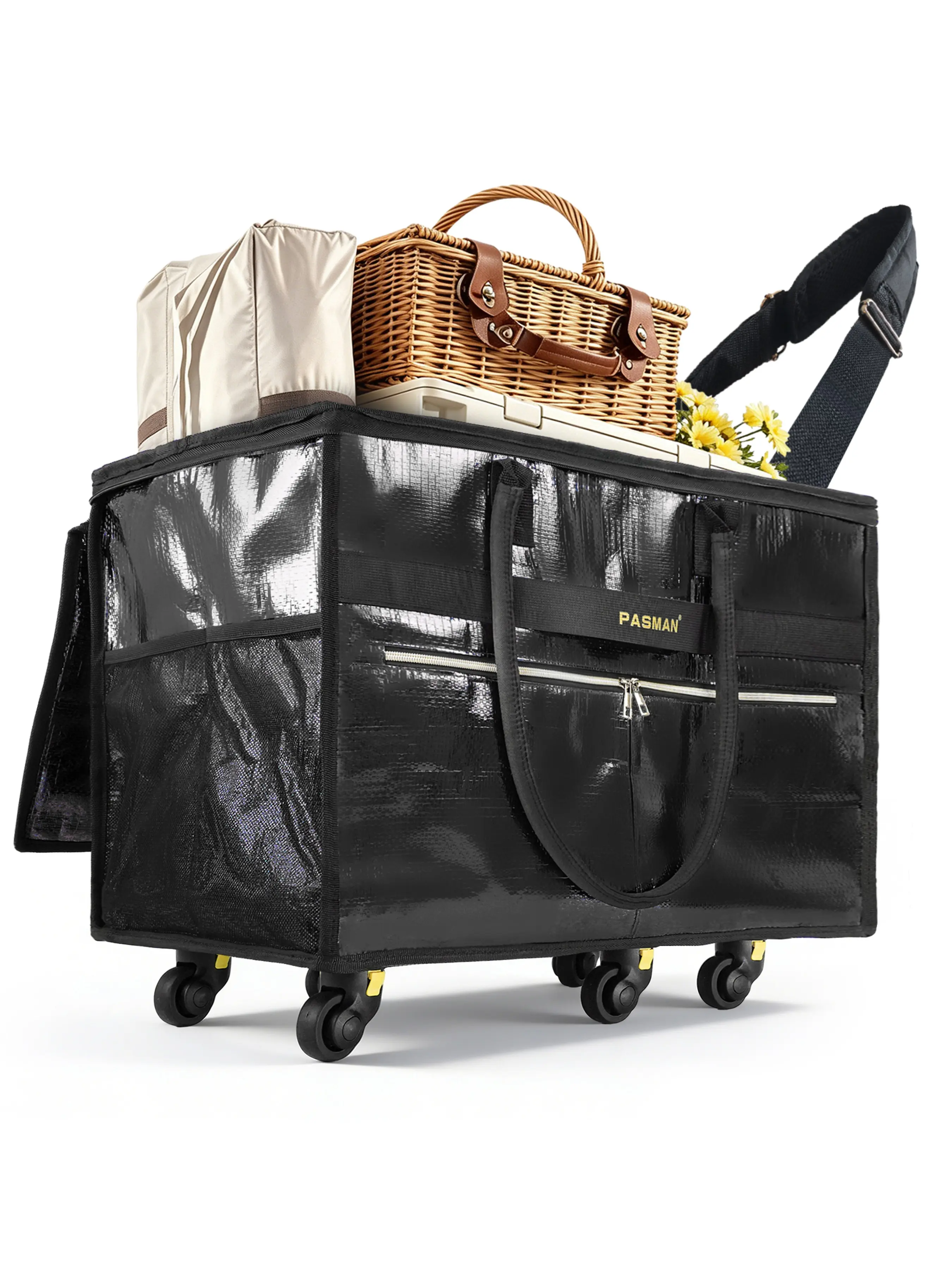 6-Wheel Reusable Shopping Bag, Foldable Rolling Handbag with Detachable Base, Heavy-Duty Cart for Laundry, Shopping, Travel, Foldable Shopping Totes