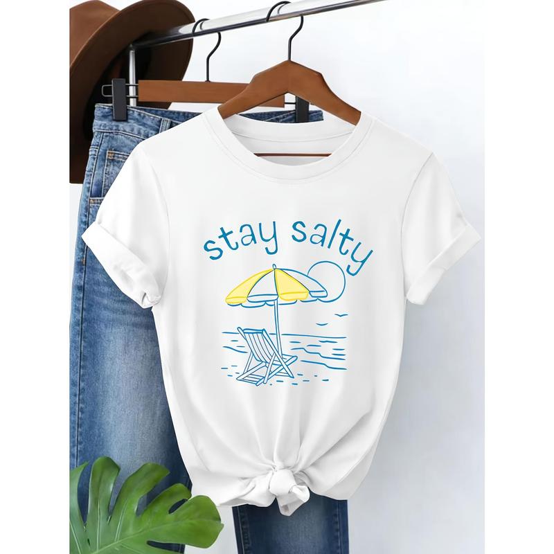 New Summer Arrival: Men's Essential Party T-Shirt, Cute Elegant Vintage Round Neck with "Stay Salty" Beach Print, for Outdoor Use with Skirts, Joggers, Shorts, Lightweight