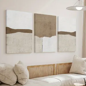 2D flat paintings, 2D flat paintings, 3-piece abstract canvas painting set, neutral brown and beige, wooden frame, very suitable for living room and bedroom decoration
