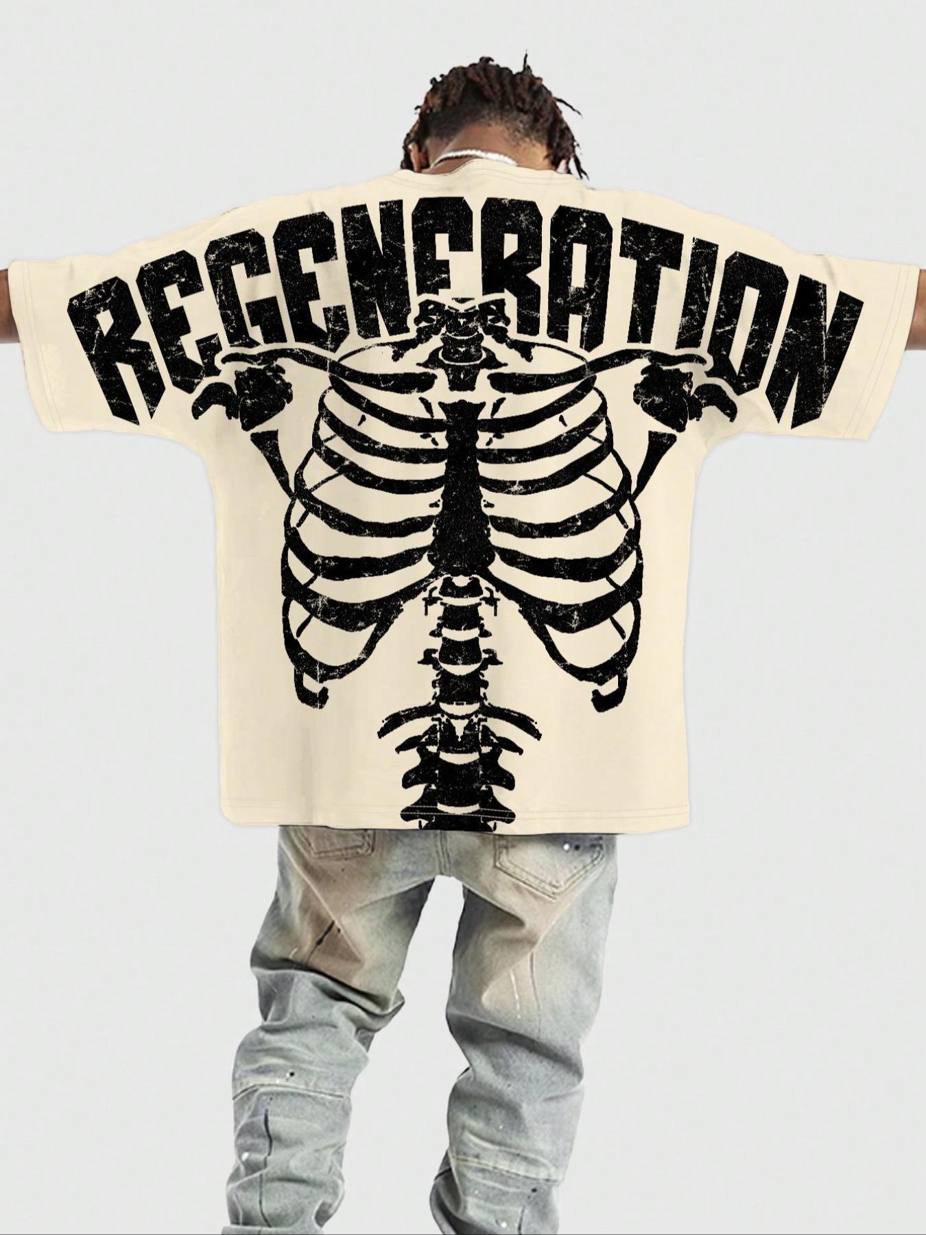 Men's Regular Fit Skeleton & Letter Print Round Neck Tee, Casual Short Sleeve Crew Neck T-Shirt for Summer, Fashion Men's Top for Daily Wear, Tropical