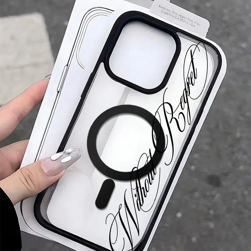 KKLLYY Cursive Script Acrylic Magnetic Cellphone Case - Minimal Elegant Cover Casing for iPhone 18,17,16,15,14,13,12,11 Plus Pro Max - Charming Decorative Gift