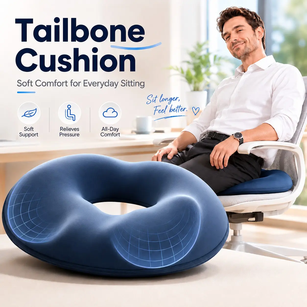 Memory Foam Donut Seat Cushion, Ergonomic Tailbone Pad, Breathable Hollow Design, Comfortable Hip Support, Office, Car, Home Chair, Wheelchair