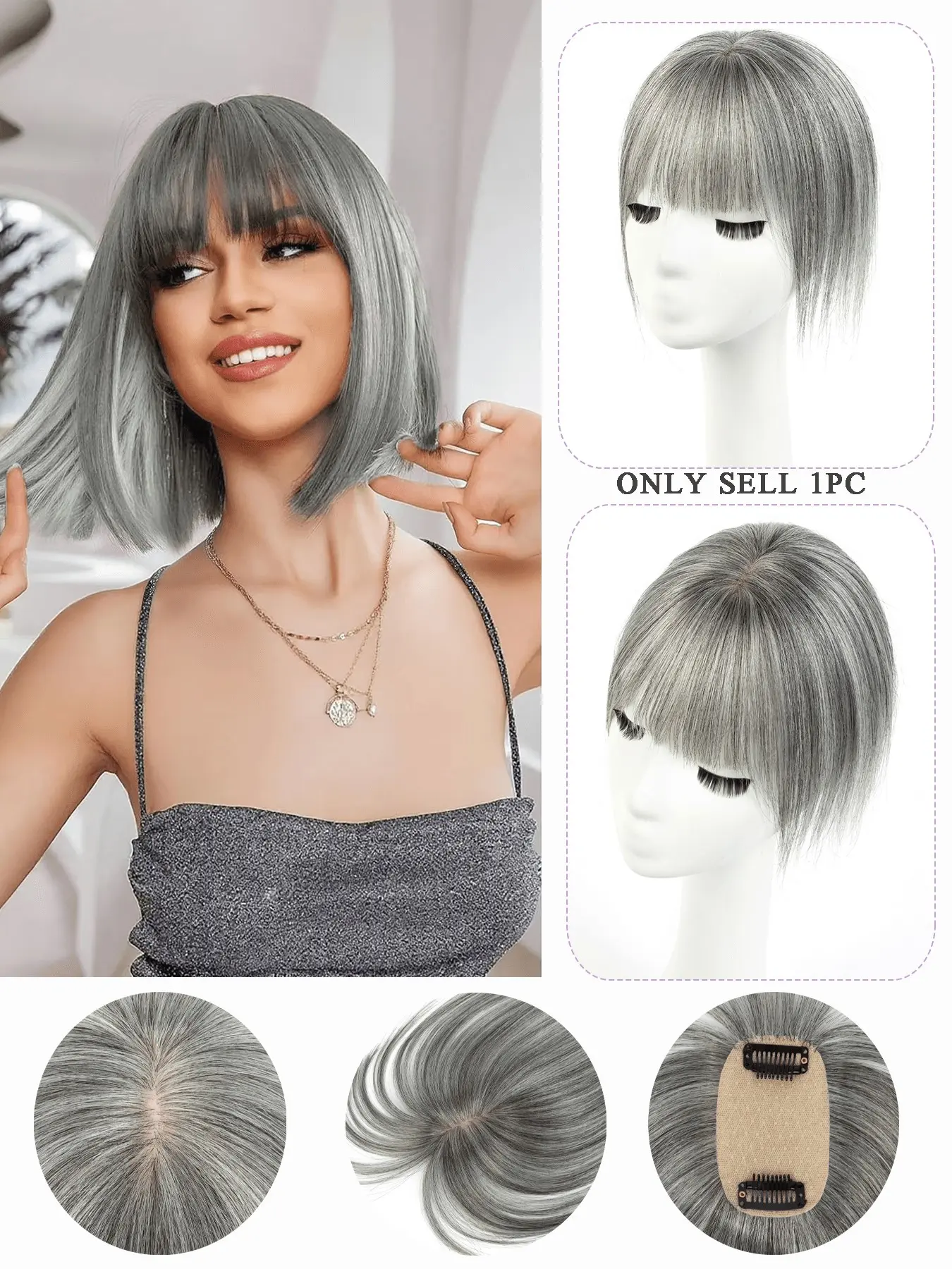 5x9 Cm Clip-On Silver Color Hair Patch, High-Quality Human Hair, Fills Sparse Areas, Covers Hair, Natural Look