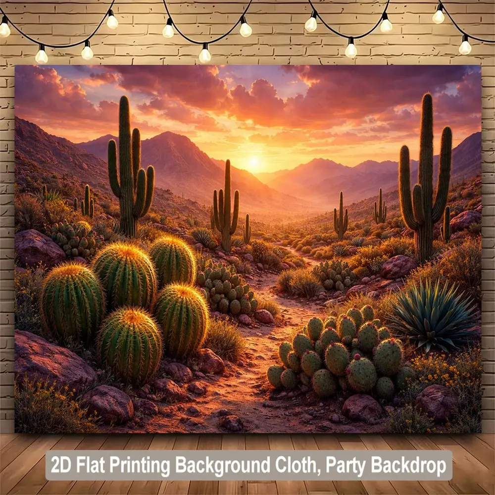 2D Flat Banner desert sunset cactus landscape pattern polyester photography backdrop, HD digitally printed soft lightweight foldable background cloth for product photos, portraits, parties, birthdays, video studio shooting, livest