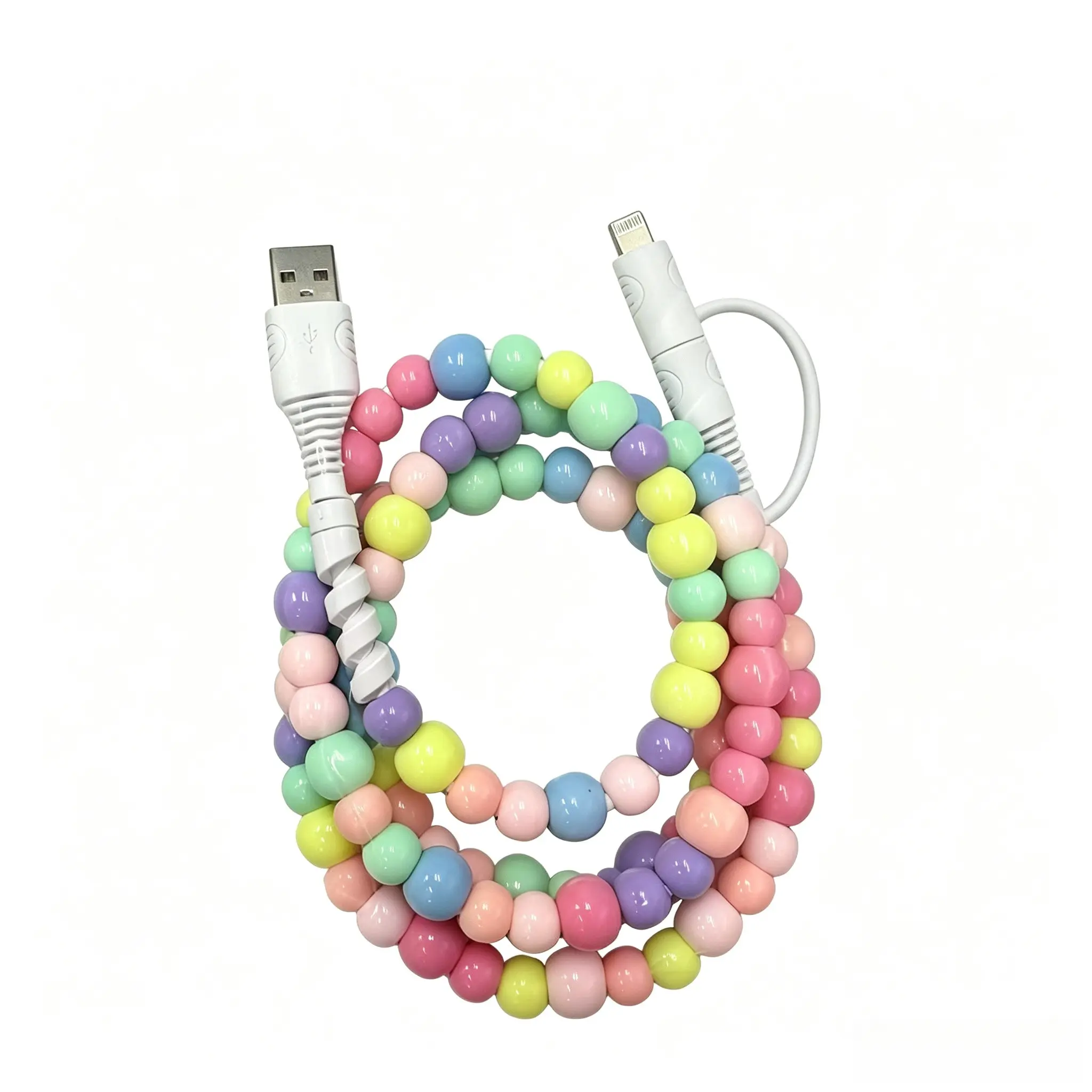 Macaron Color Star Round Bead iPhone Charger Cable, Reinforced Connector, Fast Charger Cord, Fashion Accessory, Desk Decor, Daily Use