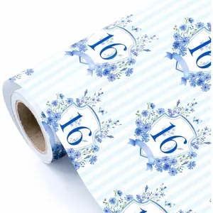 WRAPAHOLIC Blue Floral 16th Birthday Wrapping Paper Roll - Mini Roll - 17 Inch x 16.5 Feet - Stripe and Watercolor Blue Flower Wrapping Paper for Teen Birthday, Anniversary Party, Milestone Gifts