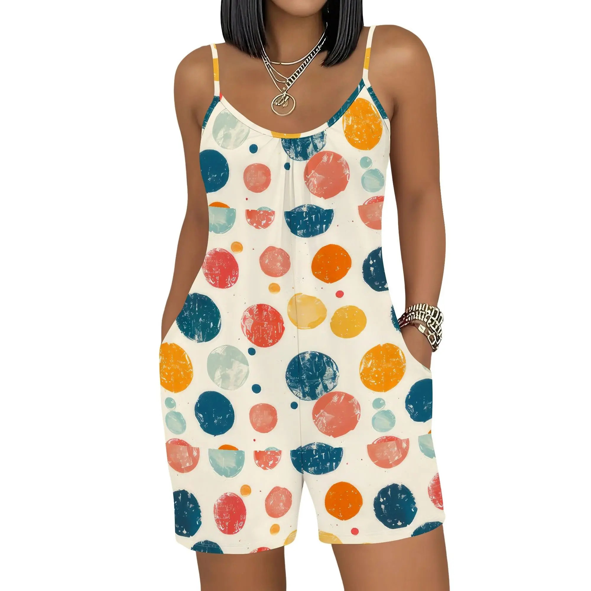 Polka Dot Romper, Summer Jumpsuit with Pockets, Casual Playsuit for Women, Beach Vacation Outfit, S-2XL