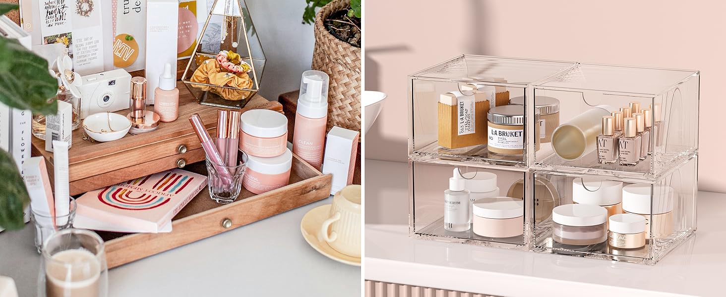 Stackable Drawer Storage,4Pack Clear Drawer Bins for Vanity,Bedroom and Bathroom Storage,Kitchen Cabinet Organized,Makeup Organizer for store cosmetics and skincares. Boxes